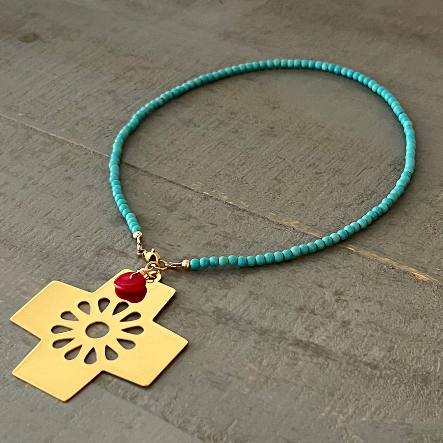 XL Cross and Coral Turquoise Necklace