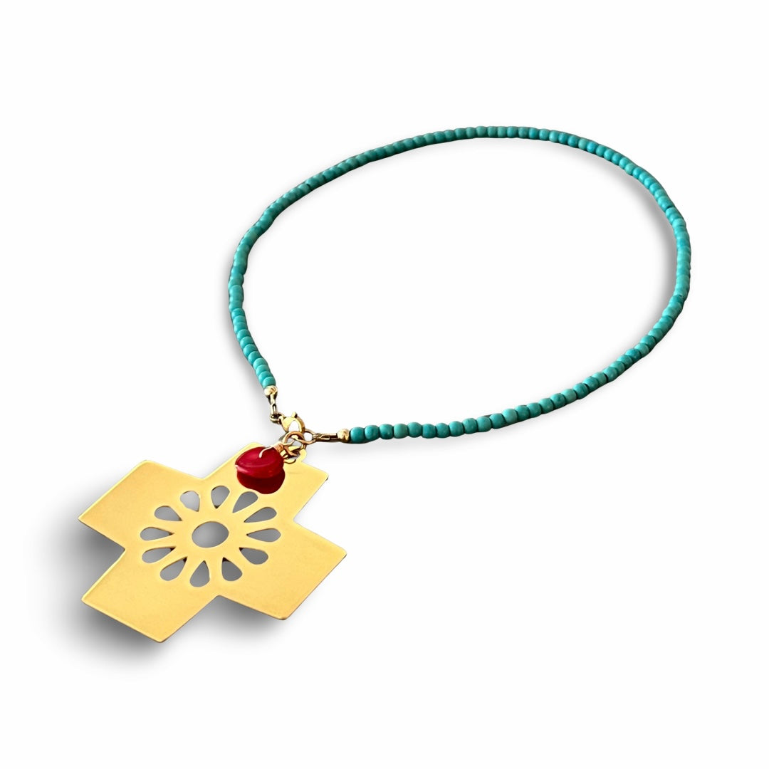 XL Cross and Coral Turquoise Necklace